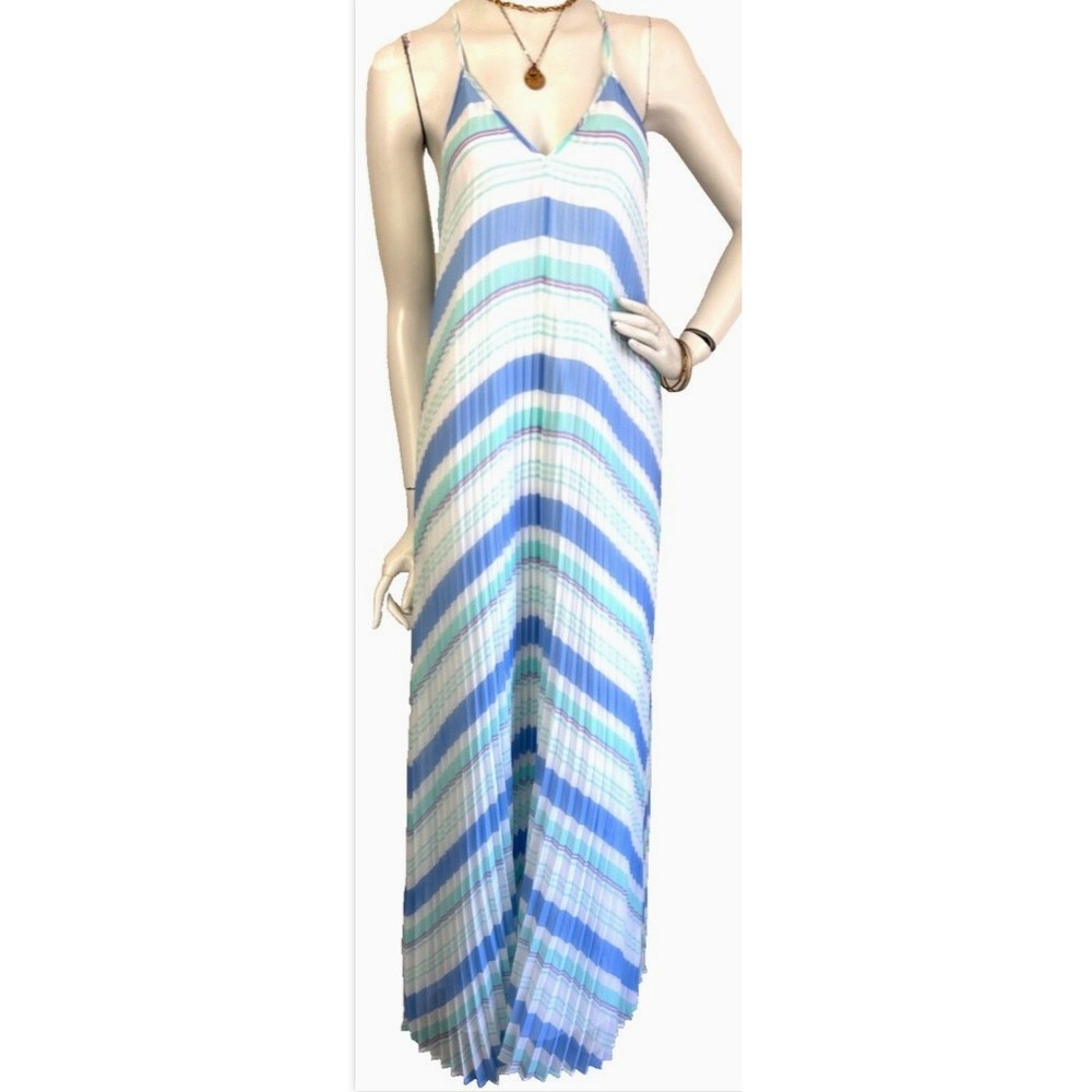 Victoria's Secret Blue Mint Striped Pleated Chiffon Maxi Dress Boho Resort S NEW